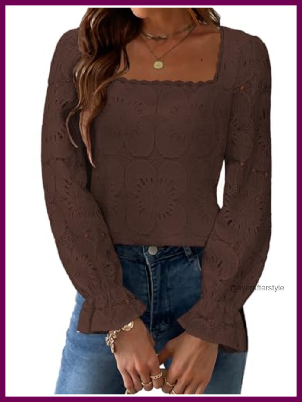 Women's Boho Eyelet Blouse Square Neck Puff Sleeve Crochet Top